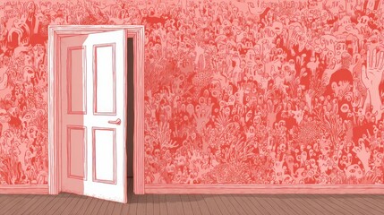 Open Door to New Possibilities: An open door, seemingly leading into a sea of endless possibilities, with a wall of vibrant illustration, representing a future filled with potential.