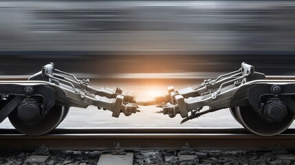 locomotive. Railroad track joints at station with motion blur of passing train and industrial lighting. mobility guides, transit brochures, designed for transport & logistics marketing.
