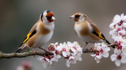 Two vibrant goldfinches perch gracefully on a blossoming branch, showcasing their bright plumage amidst a backdrop of delicate flowers, embodying the essence of spring