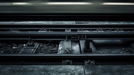 locomotive. Railroad track joints at station with motion blur of passing train and industrial lighting. mobility guides, transit brochures, designed for transport & logistics marketing.