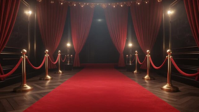 Luxurious red carpet entrance with gold stanchions and grand velvet curtains ready for a gala or celebrity premiere event.