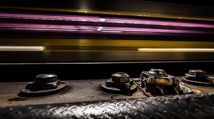 locomotive. Railroad track joints at station with motion blur of passing train and industrial lighting. mobility guides, transit brochures, designed for transport & logistics marketing.