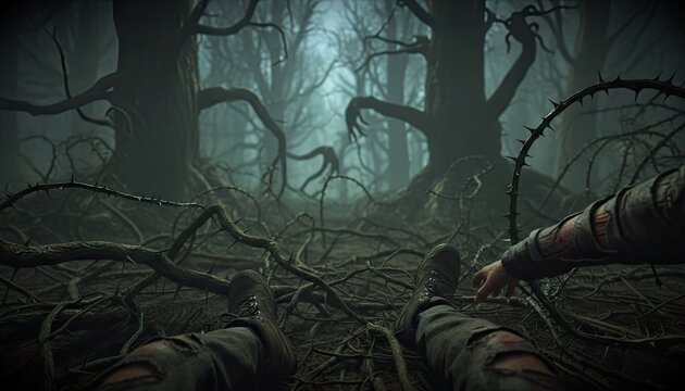 Dark Spooky Forest with Gnarled Trees and Thorny Vines First Person View Creepy Atmosphere Eerie Lighting Ominous Mood