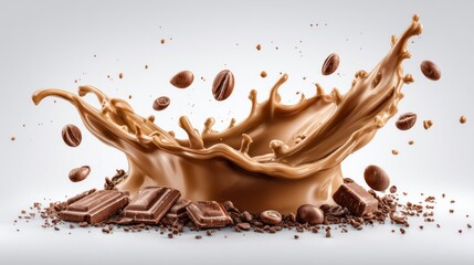 Rich dark chocolate cascades from a central splash, creating an artistic display against a white backdrop. Cocoa beans and chocolate squares are scattered around, adding to the indulgent feel