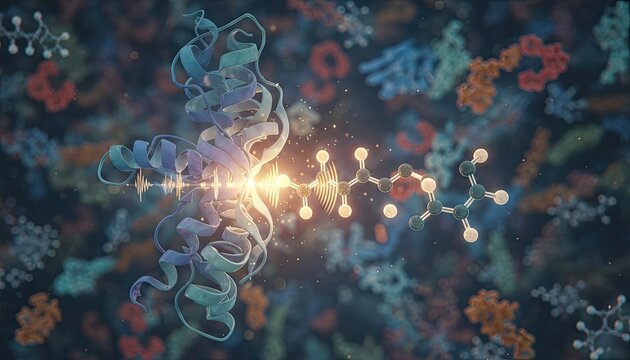 Detailed 3D Render of a Protein Molecule Interacting with a Ligand Molecule Illuminated by Golden Light Against a Blurred Biological Background