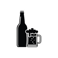 Simple black and white illustration of a beer bottle and full mug
