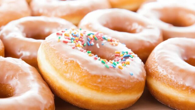 Glazed donut with rainbow sprinkle topping and vanilla glaze sweet pastry dessert delight