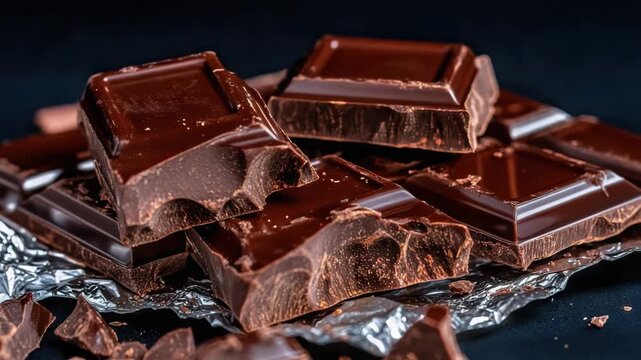 Rich dark chocolate bar pieces with bite marks on crumpled foil, glossy cocoa texture inviting