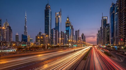 Fototapeta premium Majestic skyline of a modern city during twilight showcasing vibrant lights, bustling traffic, and iconic architecture reflecting rapid urban development