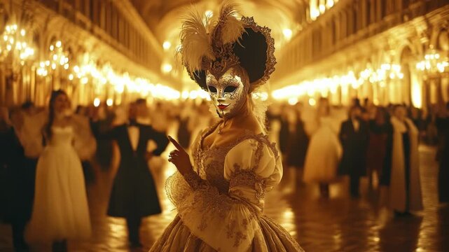 A beautifully lit carnival ball with participants in elegant Venetian masks and costumes dancing in a grand historic hall. Carnival in Venice. Banner