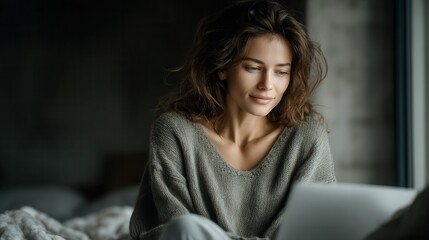 a woman at home working on an laptop