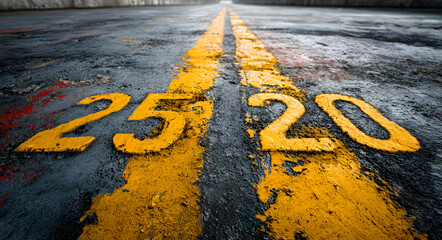 Road marking with 2025 and 2026 year designations separated by a yellow line