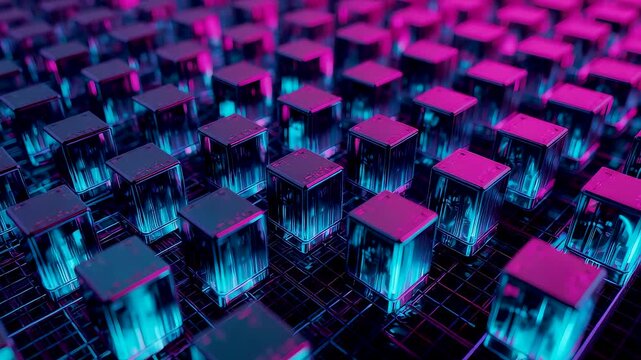Glowing Pink Blue Neon Cubes Arranged in Grid Pattern on Dark Surface Abstract Digital Landscape