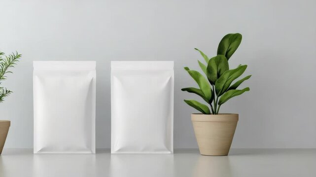 Minimalism packaging pouch mockup with white matte resealable pouches and potted plant calm table