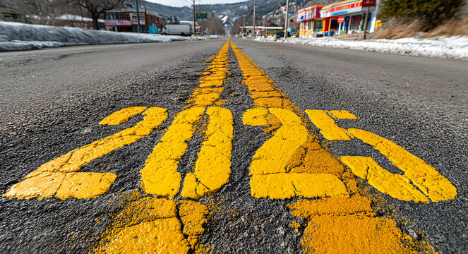 Road marking with 2025 and 2026 year designations separated by a yellow line