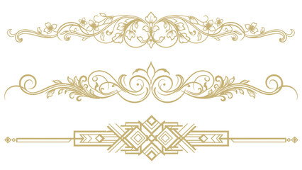 Fototapeta premium Elegant ornamental vector elements with golden floral, calligraphic, and Art Deco text dividers