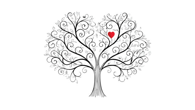 A whimsical single line drawing of a heart tree with a smooth curved trunk and intricate branches