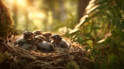 Obraz premium Nest of Newly Hatched Birds Surrounded by Lush Greenery at Sunrise, Captivating Moment in Nature's Cycle of Life, Serene Wild Habitat