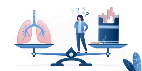 Scales with cigarettes package and healthy lungs, female character make a choice. Smoking addiction. Unhappy woman smoker. Bad habits, tobacco dependence.
