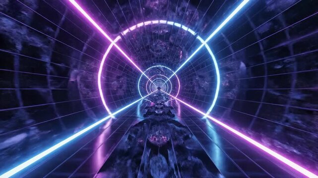 Abstract neon tunnel with glowing lights, a journey through futuristic cyberspace. Vibrant parallel lines in a dark digital space.
