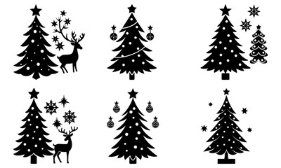 Obraz premium Christmas Tree and Deer Silhouettes with Stars and Decorations on White Background