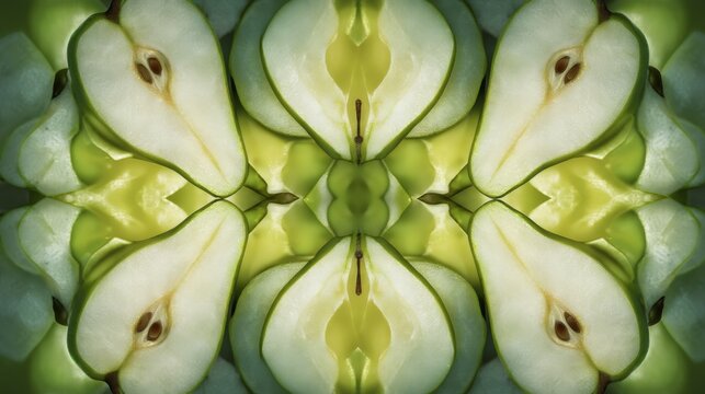Symmetrical Pattern of Fresh Green Apple Slices on a Vibrant Background