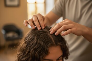 Fototapeta premium A technician gently examines the parting of a person's wavy hair in a warmly lit room, focusing on precision and care while wearing a casual outfit, with furniture in the background