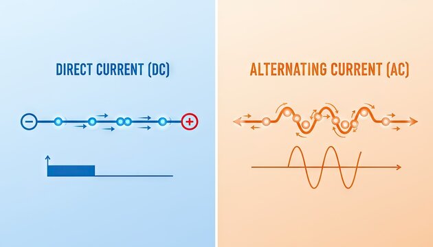 Direct Current DC versus Alternating Current AC electrical flow diagrams with voltage waveforms and particle movement visualizations on blue and orange backgrounds