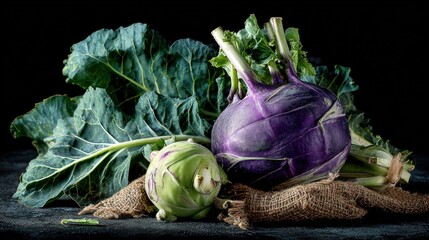 Fresh Green and Purple Cauliflower with Cabbage Leaves on Rustic Background.