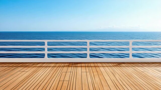 Wooden deck railing overlooking calm blue ocean horizon with sunny ship deck and clear sea view