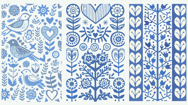 Vibrant blue floral patterns with hearts and birds for design