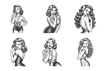Fototapeta premium Smiling pin-up women with glamorous hairstyle and bright expressions charm and joy Set collection bundle sketch engraving generative ai vector illustration. Scratch board imitation. Black and white.