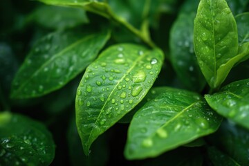 Fresh Green Leaves Covered in Dew Drops Closeup.