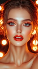 A woman with red lipstick and blue eyeshadow. She is smiling and looking at the camera