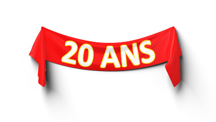 banderole en tissus rouge avec le texte 20 ans pour un anniversaire - rendu 3D sur fond transparent