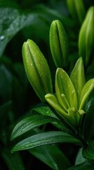 Fresh Green Lily Buds Covered in Dew Drops.
