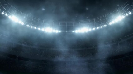 Epic view of a professional sports stadium with bright floodlights and smoke. 4k Footage Video - Powered by Adobe