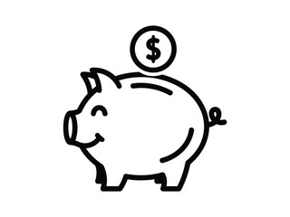 Obraz premium Vector illustration of black line drawing of a smiling piggy bank with a coin on a