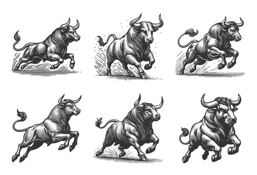 bull in various powerful poses Set collection bundle sketch engraving generative ai vector illustration. Scratch board imitation. Black and white image.