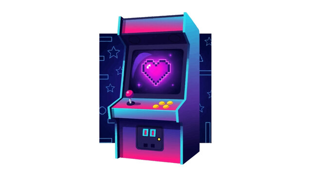 Retro arcade machine with pink heart on screen in neon colors