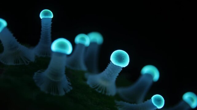 Ethereal Blue Glow of Bioluminescent Organisms in Darkness. 4k Footage Video