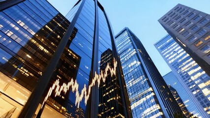 Glass skyscraper facade reflecting city skyline with glowing stock market reflection - Powered by Adobe