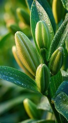 Fresh Green Lily Buds with Dew Drops on Leaves.