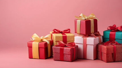 Obraz premium Christmas gifts with uniform background, holiday present display, festive package arrangement, seasonal gift showcase, solid color backdrop, celebratory presentation, with copy spa