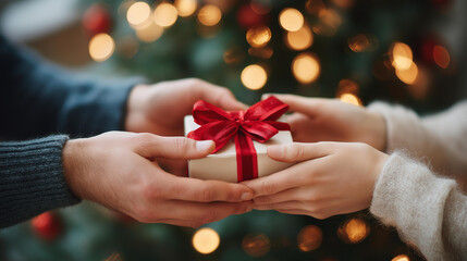 Faceless couple exchanging christmas gift with red bow on background of christmas tree with lights, stylish couple hands holding present with red ribbon closeup in festive decorate
