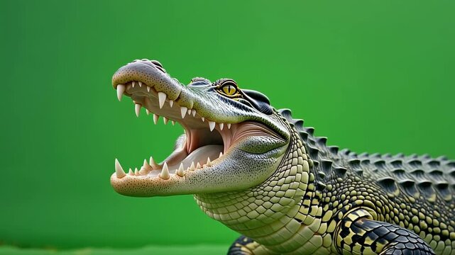 Fierce crocodile opens its powerful jaws showing sharp teeth on a green background. 4k Footage Video