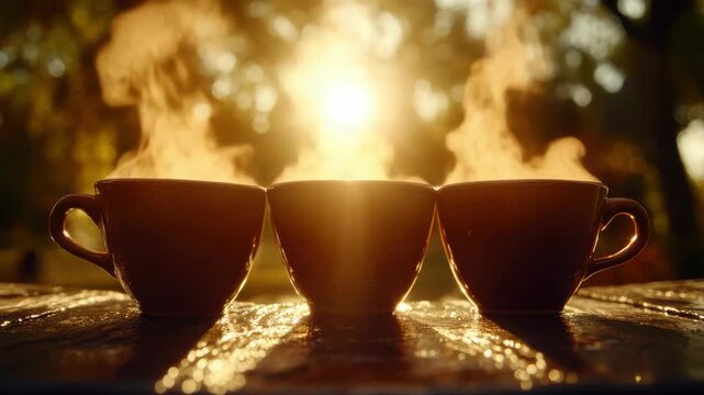 Steaming coffee cup sunrise morning warm glow intimate outdoor table steam