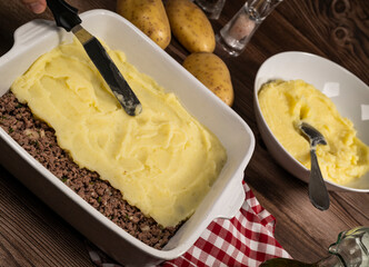 Hachis parmentier, french dish with mashed potato and minced beef. High quality photo