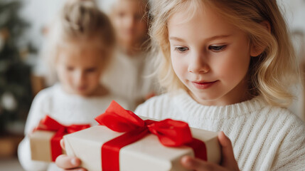 Faceless girls opening Christmas gifts, children unwrapping presents, youth holiday excitement, festive surprise moment, seasonal gift reveal, defocused young people, with copy spa