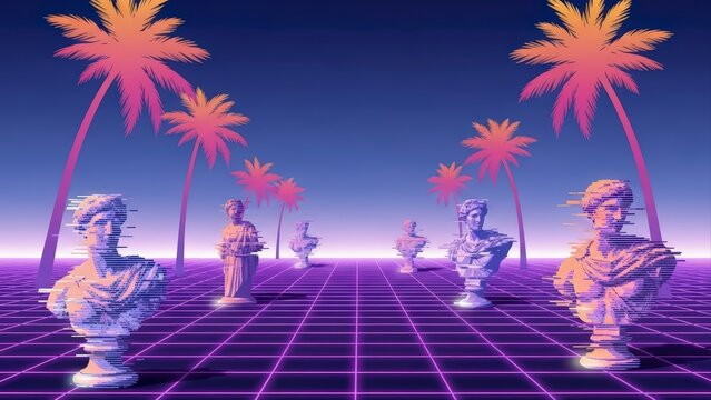 Vaporwave Aesthetic Landscape with Classical Busts and Neon Palm Trees. - Powered by Adobe
